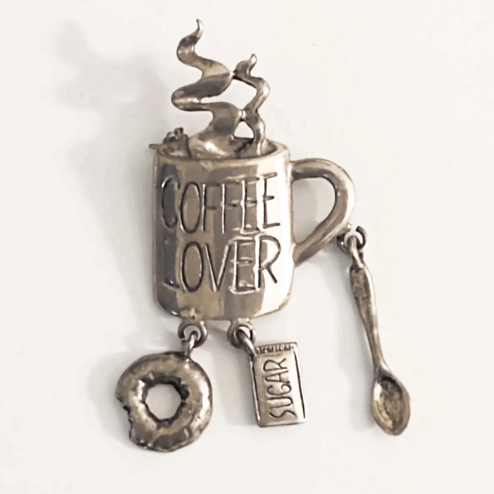 Vintage Sterling Silver Whimsical Coffee Lover Brooch